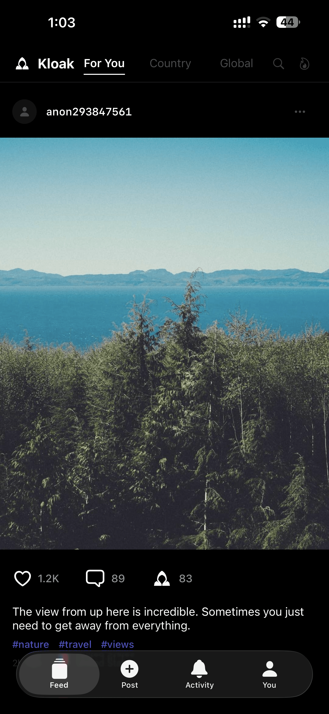 Kloak feed showing anonymous posts with likes and comments