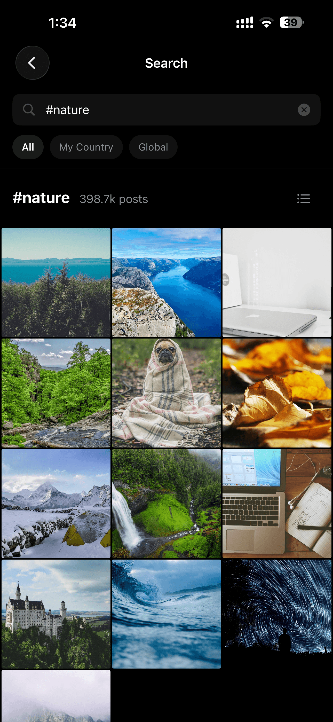 Hashtag discovery screen showing trending topics