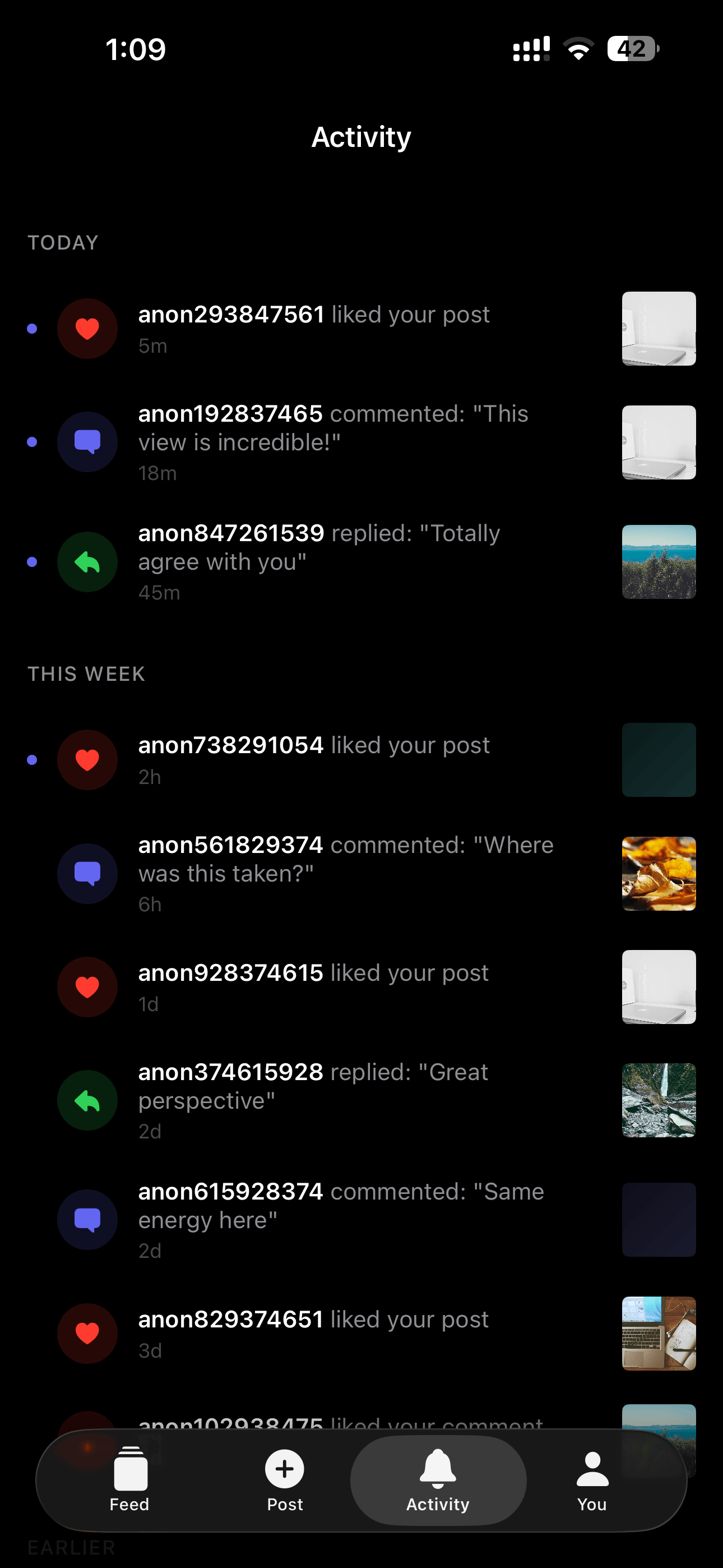 Notifications screen showing likes and comments
