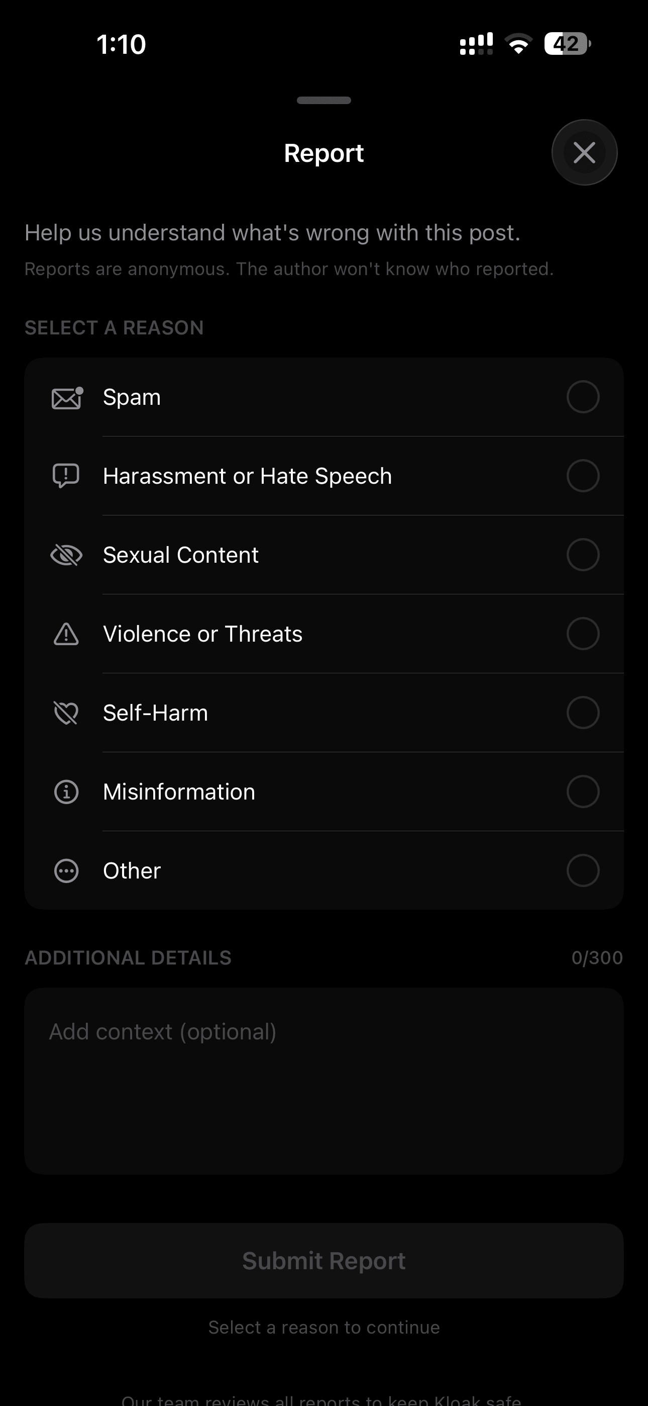 Content reporting interface showing safety options